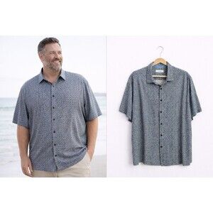 Mens Tommy Bahama Silk Shirt 2X Big Tall Gray Blue Print Short Sleeve